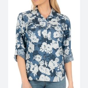NWT Kut from the Kloth Armina Floral Roll Sleeve Shirt, large, chambray